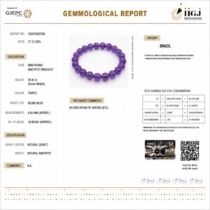 amethyst bracelet certificate