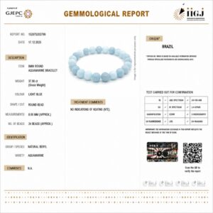 aquamarine bracelet certificate