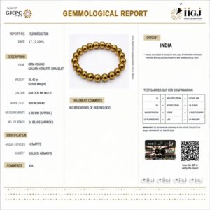golden hematite bracelet certificate