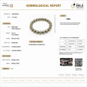pyrite bracelet certificate