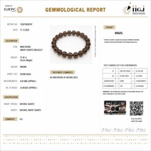 smoky quartz bracelet certificate